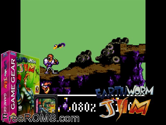 Earthworm Jim Game Gear game showing 3D box cover and gameplay screenshot